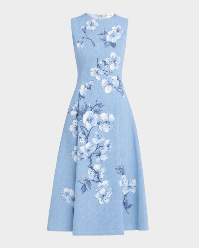 Cherry Blossom Printed Denim Sleeveless Midi Dress